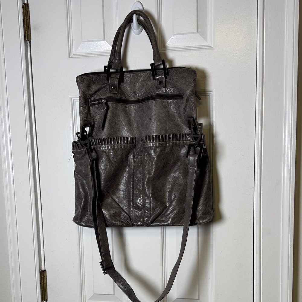 Helen Welsh Metallic Gray Leather Convertible Shoulder Crossbody Tote π - Picture 15 of 16